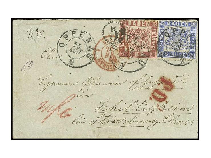 6 Kr. ultramarin in Mischfrankatur mit 1868, 3 Kr. rosa mit DKr. "OPPENAU 25. AUG." und auf die 3 Kr. übergehendem Uhrradstem