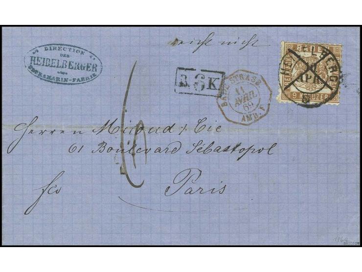 9 Kr. rötlichbraun mit zentrischem DKr. "HEIDELBERG 10 APR." (1869) auf Faltbriefhülle nach Paris; handschriftlicher Vermerk 