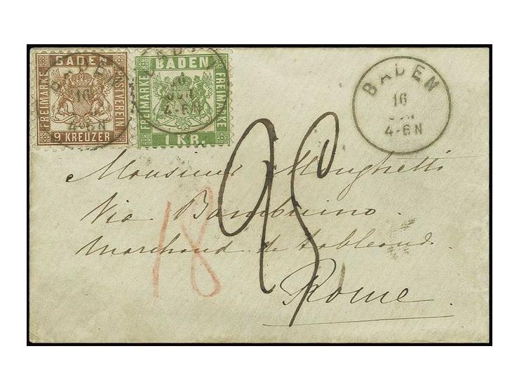 9 Kr. rötlichbraun in Mischfrankatur mit 1868, 1 Kr. grün mit EKr. "BADEN 16 JUN" (1870) auf kleinem Briefkuvert mit zugehöri