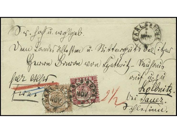 9 Kr. rötlichbraun in Mischfrankatur mit 1868, 3 Kr. rosa mit DKr. "CARLSRUHE 7 NOV." auf Express-Briefkuvert nach Kolbnitz b
