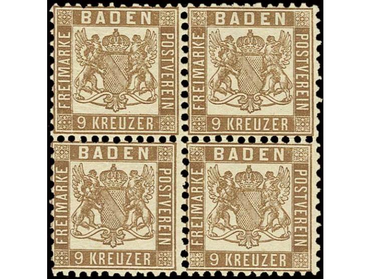 9 Kr. dunkelbraun im 4er-Block, farbfrisch und gut gezähnt, ungebraucht mit Originalgummi, die beiden unteren Marken postfris