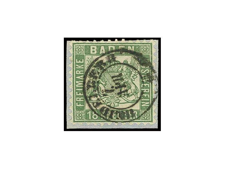 18 Kr. lebhaftgrün, farbfrisch und gut gezähnt mit klar aufgesetztem DKr. "HEIDELBERG 7. APR." auf kleinem Briefstück, Kabine