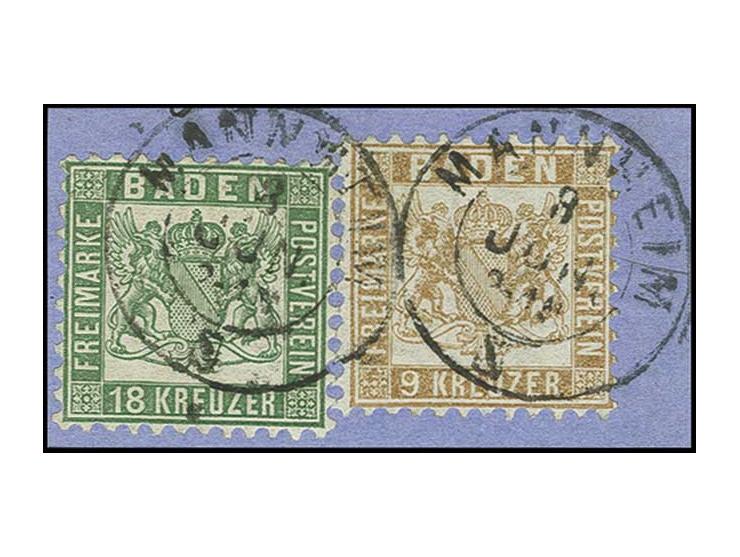 18 Kr. grün und 9 Kr. fahlbraun, beide farbfrisch und einwandfrei gezähnt mit DKr. "MANNHEIM 8 JUN." auf Briefstück, Kabinett