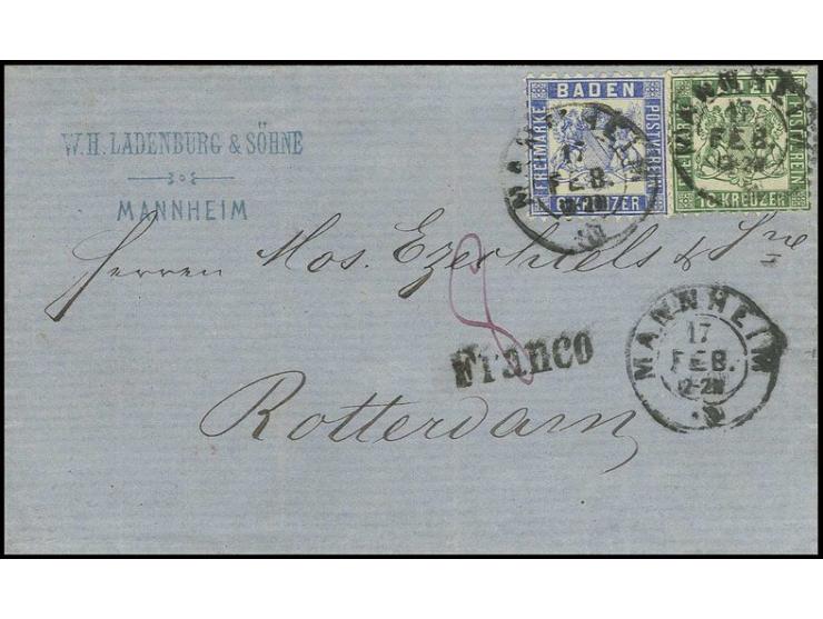 18 Kr. grün und 6 Kr. ultramarin, beide farbfrisch und gut gezähnt mit sauberem EKr. "MANNHEIM 17 FEB." (1866) auf Faltbriefh