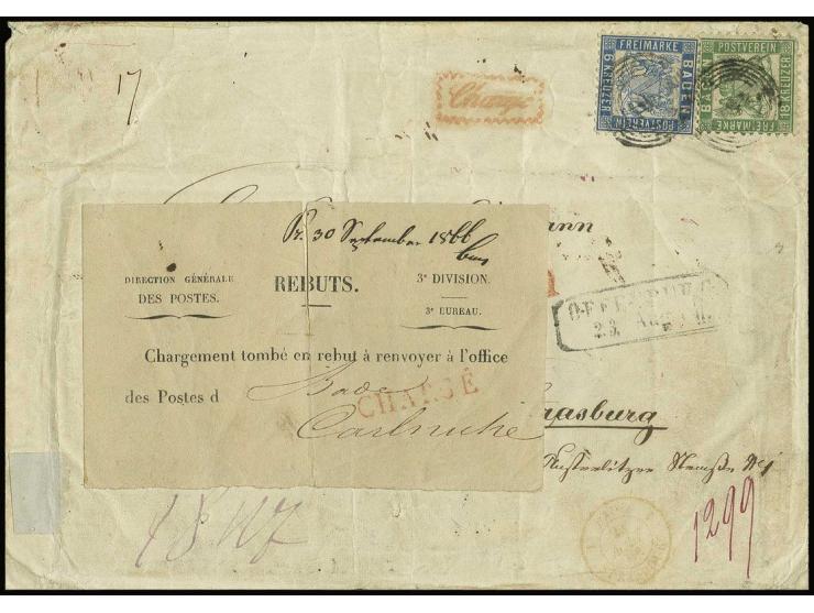 18 Kr. grün und 6 Kr. preußischblau mit Nr. "104" und nebengesetztem Ra2 "OFFENBURG 23. Aug." (1866) auf größerformatigem ein