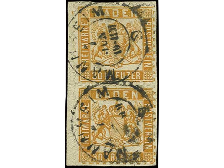 30 Kr. gelborange im senkrechten Paar, farbfrisch und einwandfrei gezähnt mit DKr. "MANNHEIM 7 JUN." auf kleinem Briefstück, 