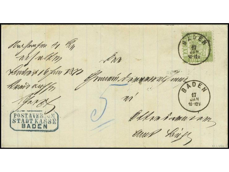 1868, KR.: 1 Kr. hellgrün mit EKr. "BADEN 17 JAN" (1871) als Nachnahmegebühr auf Nachnahme-Postaversum mit nebengesetztem bla