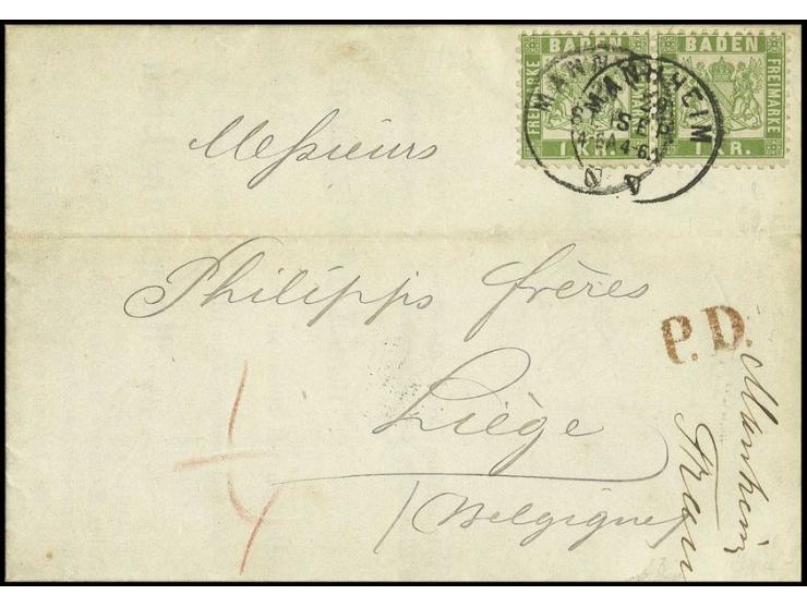 1 Kr. grün im waagerechten Paar, farbfrisch und gut gezähnt mit EKr. "MANNHEIM 29 SEP." (1871) auf vollständiger Drucksache n