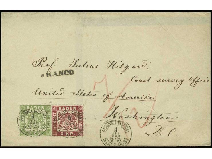 1 Kr. grün und 3 Kr. karmin, beide farbfrisch und gut gezähnt mit EKr. "HEIDELBERG STADT-POST 6 JUL." auf nicht ganz kpl. Dru
