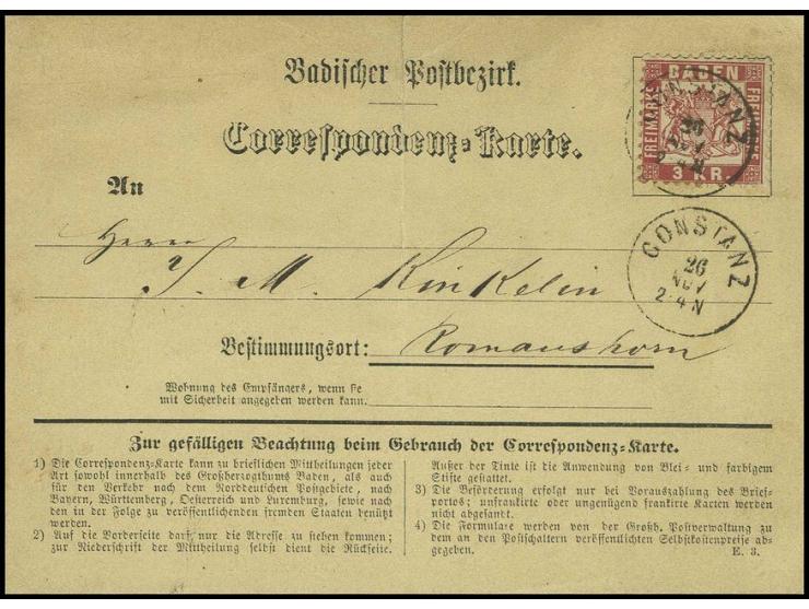 3 Kr. rot, farbfrisch und gut gezähnt mit EKr. "CONSTANZ 26 NOV" auf Korrespondenzkarte im Grenzrayon nach Romanshorn in der 