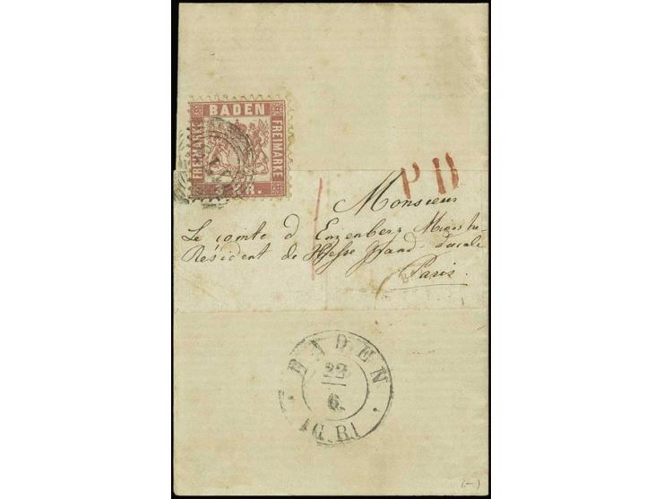 3 Kr. karminrosa mit Nr. "175" und nebengesetztem DKr. "BADEN G.R. 23/6" auf vollständiger Streifbandsendung nach Paris, ganz