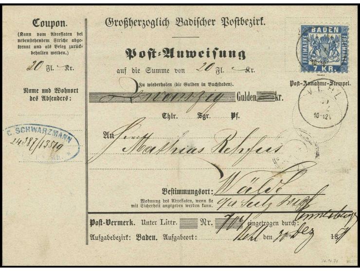 7 Kr. blau, farbfrisch und gut gezähnt mit EKr. von Kehl auf vollständiger Postanweisung mit Coupon nach Wälde in Württemberg