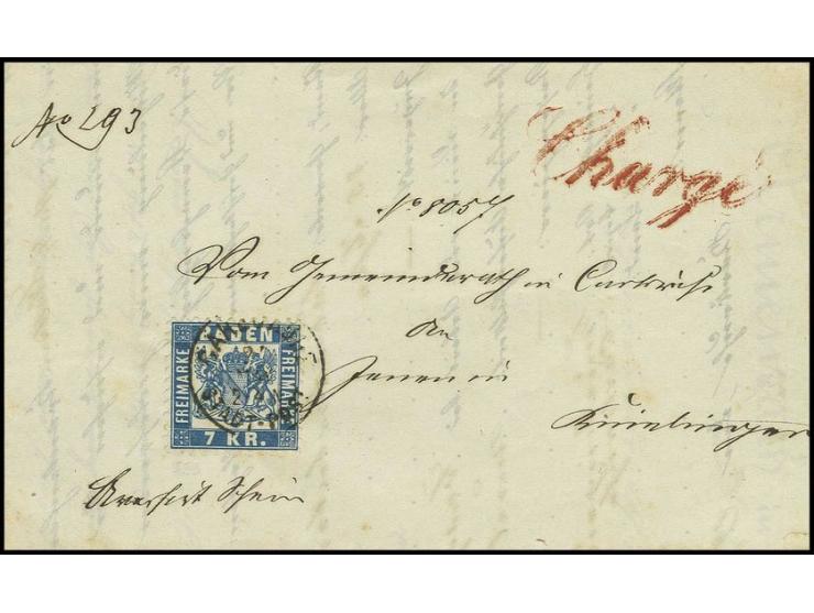 7 Kr. blau, farbfrisch und gut gezähnt mit EKr. "CARLSRUHE STADT-POST 24 MAY" (1871) als Chargé-Gebühr auf aversiertem Dienst