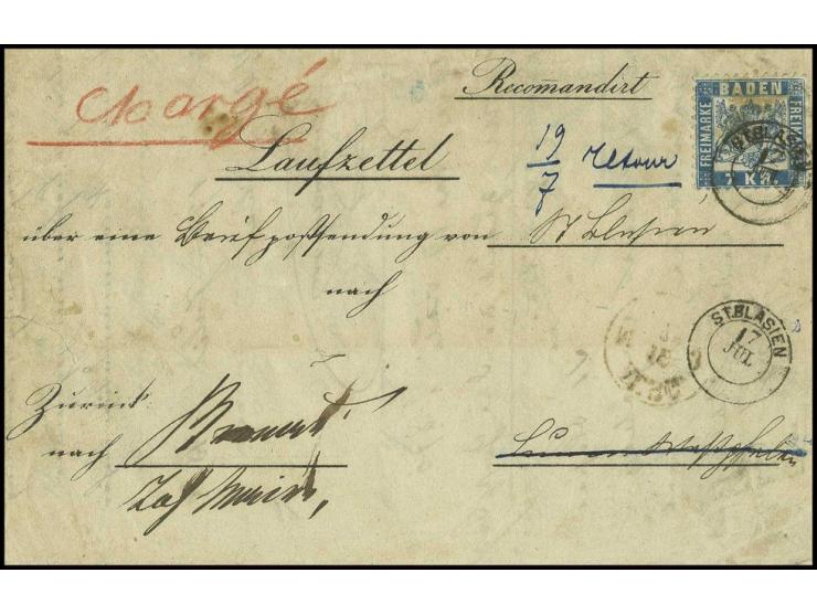 7 Kr. blau mit DKr. "ST. BLASIEN 17 JUL." (1870) auf Laufzettel zur Nachforschung über eine Einschreibe-Briefsendung nach Lun