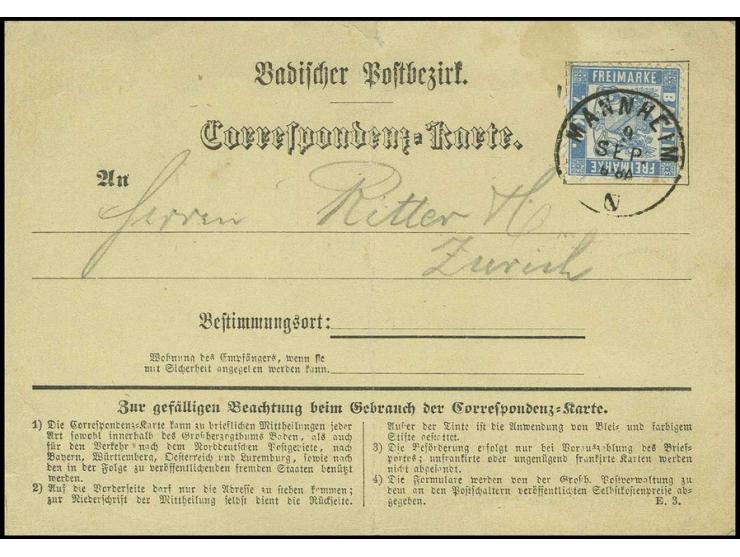 7 Kr. hellblau, farbfrisch und gut gezähnt mit sauberem EKr. "MANNHEIM 9 SEP." (1871) auf Korrespondenz-Karte nach Zürich mit