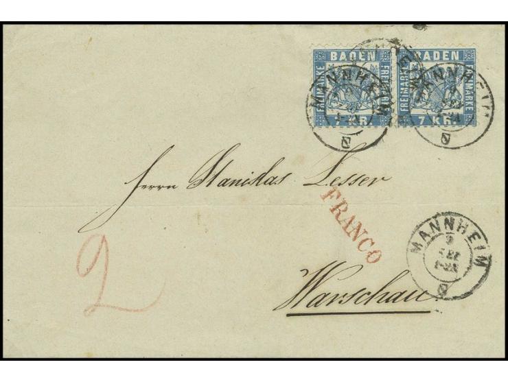 7 Kr. hellblau im waagerechten Paar, farbfrisch und tadellos gezähnt mit DKr. "MANNHEIM 9 SEP" (1871) auf Faltbriefhülle mit 