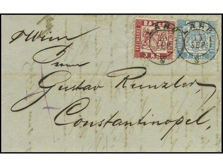 7 Kr. hellblau und 3 Kr. rosa, beide farbfrisch und gut gezähnt mit jeweils sauber aufgesetztem DKr. "LAHR 13 SEP." (1871) au