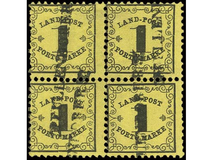 LANDPOST-PORTOMARKEN: 1862, dünneres Papier: 1 Kr. auf gelb im 4er-Block, sauber entwertet durch mehrfach aufgesetzten L1 "PF