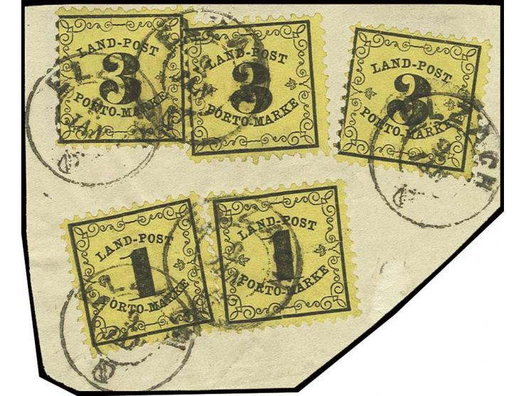 1 Kr. auf gelb (2) und 3 Kr. auf gelb (3) mit DKr. "ELZACH 9. JAN." auf größerem Briefstück, eine 1 Kr. kurzer Eckzahn, sonst