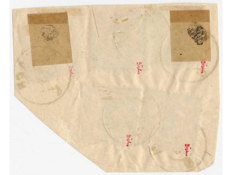 1 Kr. auf gelb (2) und 3 Kr. auf gelb (3) mit DKr. "ELZACH 9. JAN." auf größerem Briefstück, eine 1 Kr. kurzer Eckzahn, sonst