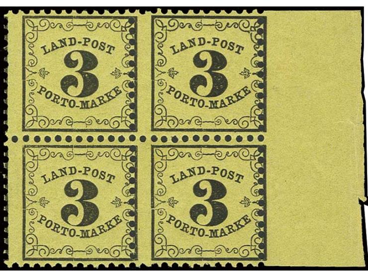 3 Kr. auf dunkelgelb im 4er-Block vom rechten Bogenrand, postfrisch, Kabinett, sign. HK