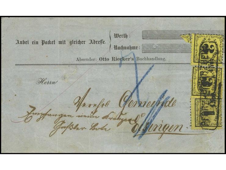 3 Kr. auf dunkelgelb, 2 Einzelwerte mit 1 Kr. auf gelb mit Ra2 "PFORZHEIM 4 Nov." auf unkpl. Faltbrief nach Eisingen im eigen