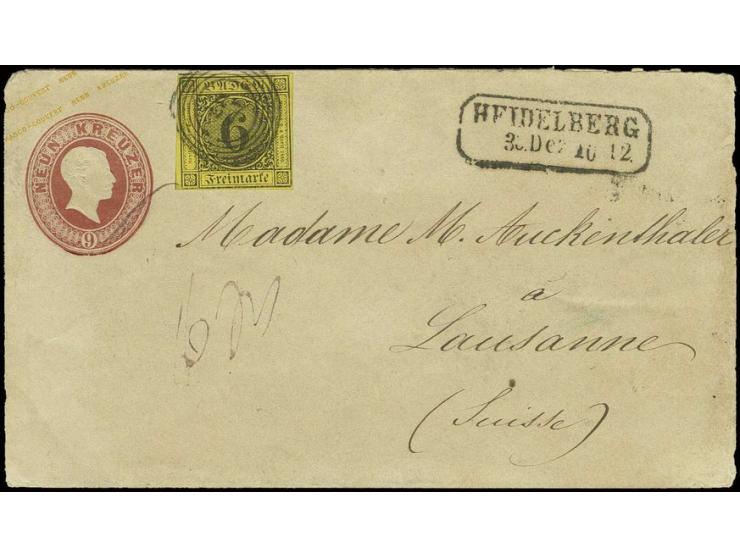 GANZSACHEN: 1858, Wertstempel links: Umschlag 9 Kr. karmin mit 1853, 6 Kr. auf gelb, voll- bis überrandig mit Nr. "57" und ne