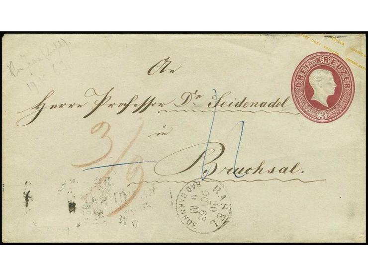 1862, Wertstempel rechts: Umschlag 3 Kr. rosa, fremdverwendet mit Schweizer EKr. "BASEL BAD. BAHNHOF 20 OCT 63" nach Bruchsal