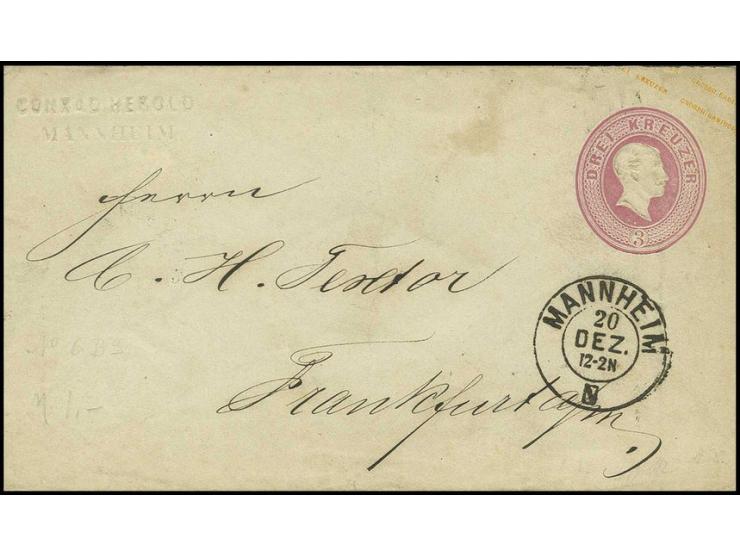 1863, Umschlag 3 Kr. rosa mit geprägtem Absender "Conrad Herold / Mannheim" mit DKr. "MANNHEIM 20 DEZ" nach Frankfurt