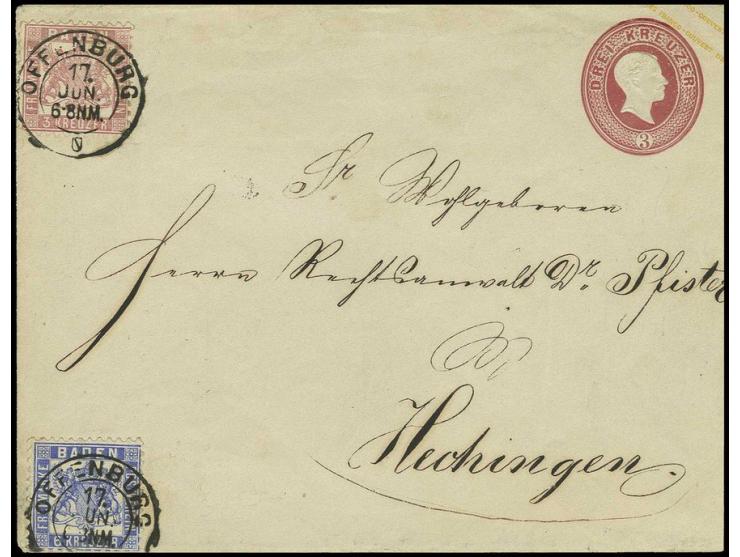 Umschlag 3 Kr. rosa im Großformat mit 1862, 3 Kr. rosa und 6 Kr. ultramarin mit EKr. "OFFENBURG 17. JUN." nach Hechingen; die
