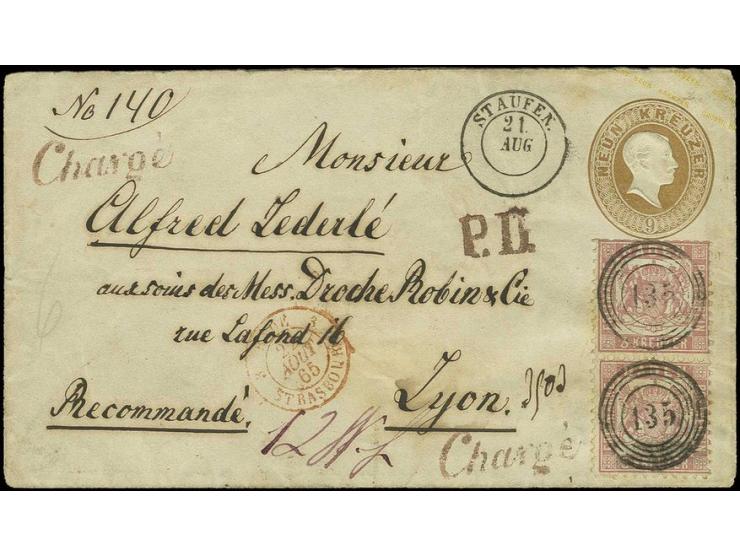Umschlag 9 Kr. braun mit 1862, 3 Kr. rosa in senkrechtem Paar mit Nr. "135" und nebengesetztem DKr. "STAUFFEN 21. AUG" auf Ch