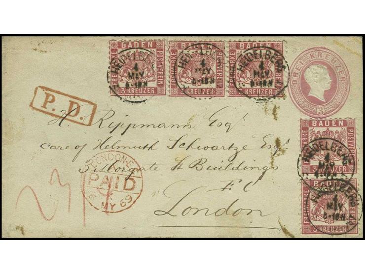 1866/67, Umschlag 3 Kr. rosa mit 1862, 3 Kr. rosa, 2 Paare und Einzelstück, mit EKr. "HEIDELBERG STADT-POST 4 MAY" nach Londo