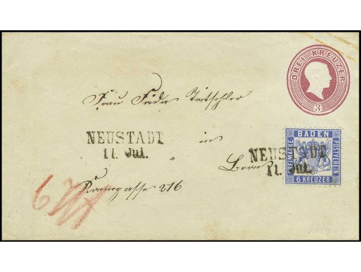 Umschlag 3 Kr. rosa mit Zufrankatur 1864, 6 Kr. ultramarin, sauber entwertet durch L2 "NEUSTADT 11. Jul." nach Bern mit ausge