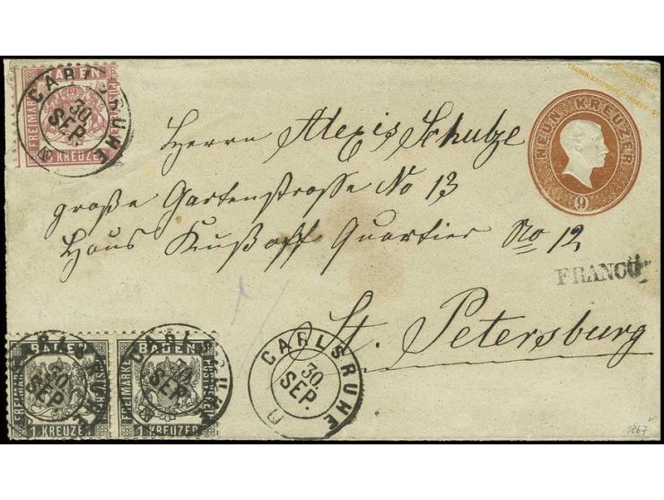 Umschlag 9 Kr. braun mit 1862, 1 Kr. schwarz im waagerechten Paar und 3 Kr. rosa mit DKr. "CARLSRUHE 30 SEP." (1867) nach St.
