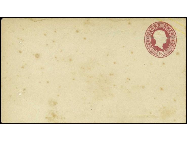 Umschlag 18 Kr. dunkelkarmin mit Wertstempel rechts, langer Gummierung und gelbem Wertüberdruck "Zwoelf Kreuzer", das sogenan