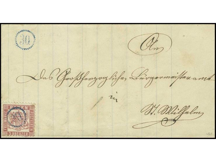 Uhrradstempel "30." in blau auf 1862/66, 3 Kr. rosa sowie sauber nebengesetzt auf kpl. Brief ohne weitere Aufgabestempel von 