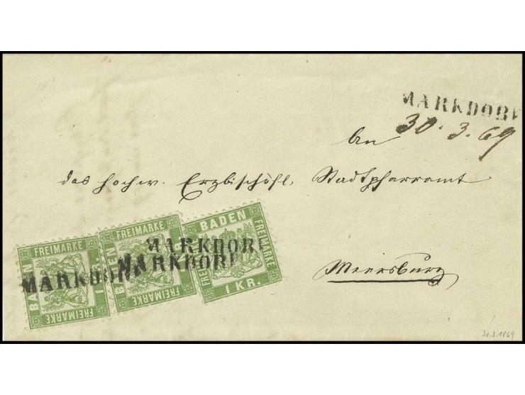 "MARKDORF", L1, 3mal sauber abgeschlagen auf 3 Stück 1868, 1 Kr. grün sowie nebengesetzt mit handschriftlichem Datum "30.3.69