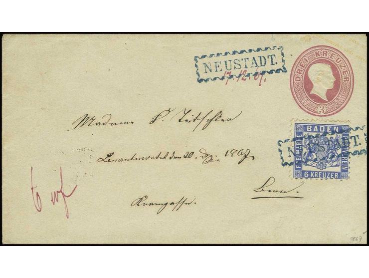 "NEUSTADT ", blauer Ra. mit Zierrahmen, glasklar aufgesetzt auf 1864, 6 Kr. ultramarin als Zufrankatur auf Ganzsachenumschlag