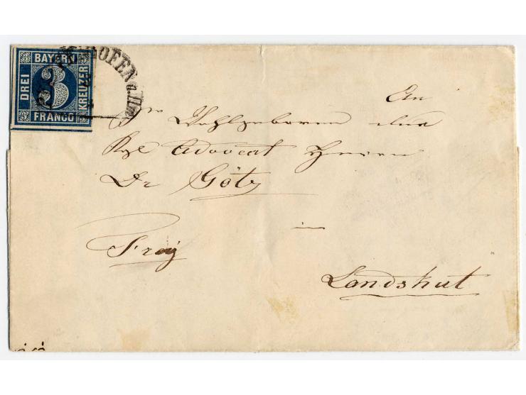 3 Kr. dunkelblau, oben voll- sonst breit- bis überrandig in schöner tiefer Farbe mit Segmentstempel "PFAFFENHOFEN A. ILM 3/4"
