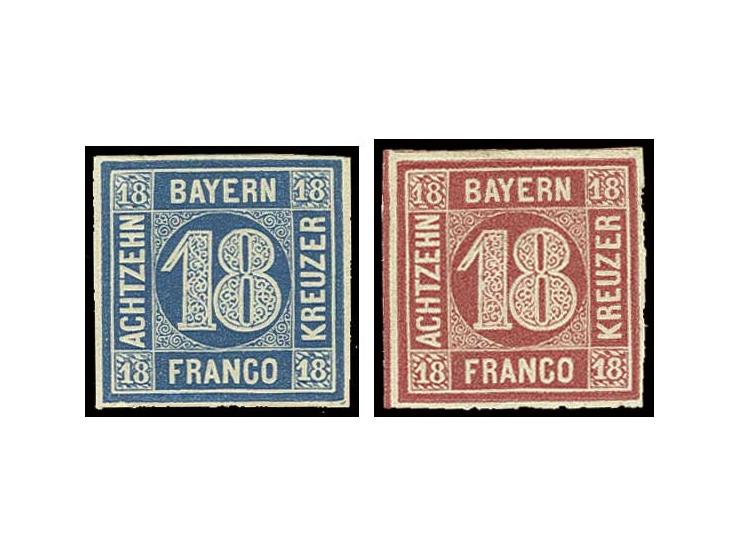 Probedrucke 18 Kr. in karminrot und blau auf Papier ohne Seidenfaden, ungebraucht mit Originalgummi, Kabinett, sign. Schmitt 