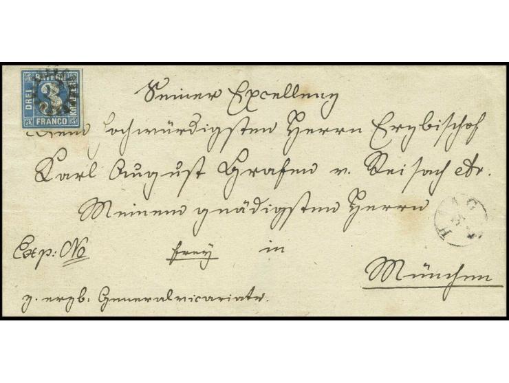 3 Kr. blau, Platte 2, voll- bis breitrandig mit gMR "119" und nebengesetztem Fingerhutstempel "HAAG 24 4" auf Bischofsbrief m