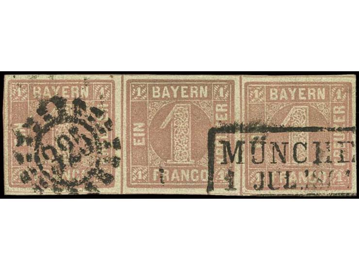 1 Kr. rosa im waagerechten 3er-Streifen, allseits breitrandig mit Duplex-Entwertung durch oMR "325" und Ra. "MÜNCHEN 1 JUL 18