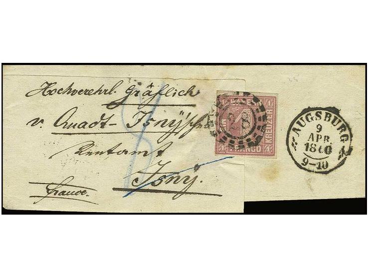 1 Kr. hellilarot, dreiseitig vollrandig mit oMR "28" und beigesetztem DKr. "9.4.1860" auf Streifband nach Isny mit Taxe "8", 
