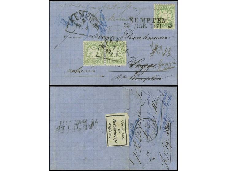1 Kreuzer grün mit zweizeiligem Langstempel "KEMPTEN 25 MAR. 1871" auf komplettem Faltbrief nach Hegge, mit Nachporto belegt,