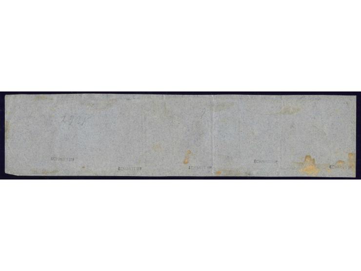 1 Kr. gelb, waagerechter 5er-Streifen, die linken 4 Werte mit gMR "356", die rechte Marke mit DKr. "NÜRNBERG 17 DEC. 1864" au