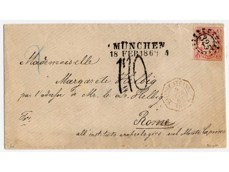 3 Kr. rosa mit klarem gMR "325" und nebengesetztem L2 "München 18 Feb 1869" auf Briefkuvert über Frankreich nach Rom, hier ta