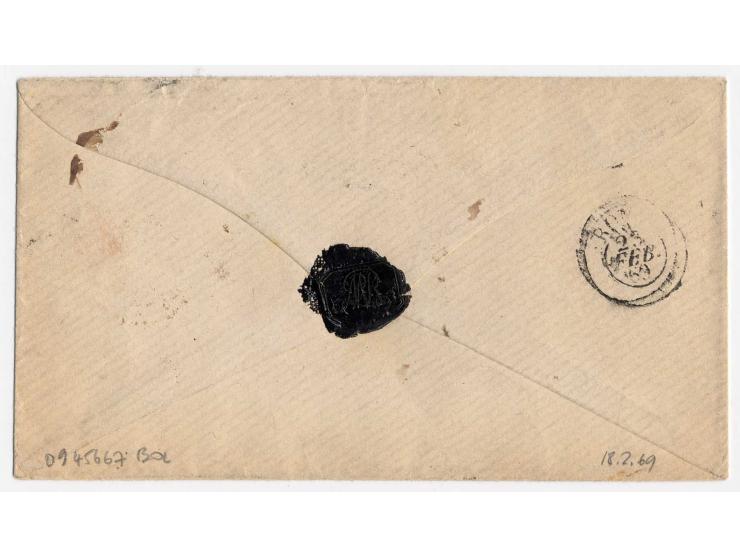3 Kr. rosa mit klarem gMR "325" und nebengesetztem L2 "München 18 Feb 1869" auf Briefkuvert über Frankreich nach Rom, hier ta