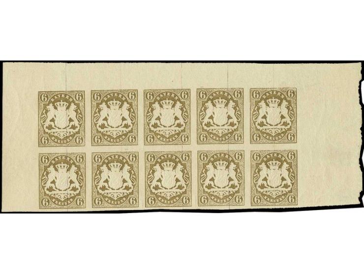 1868, 6 Kr. ockerbraun im waagerechten 10er-Block vom oberen Bogenrand, farbfrisch und allseits breitrandig, 3seitig mit brei