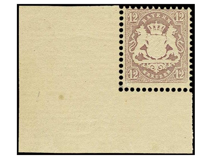 1870, Wappen gezähnt, Wz. enge Rauten: 12 Kr. dunkelbraunpurpur, linke untere Bogenecke, farbfrisch und tadellos gezähnt mit 