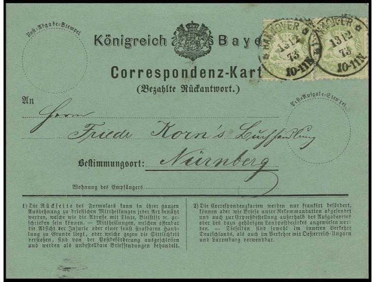 weite Rauten: 1 Kr. grün, 2 Werte (einer mit unbedeutend verkürztem Zähnchen) auf grüner Rückantwort-Correspondenz-Karte mit 